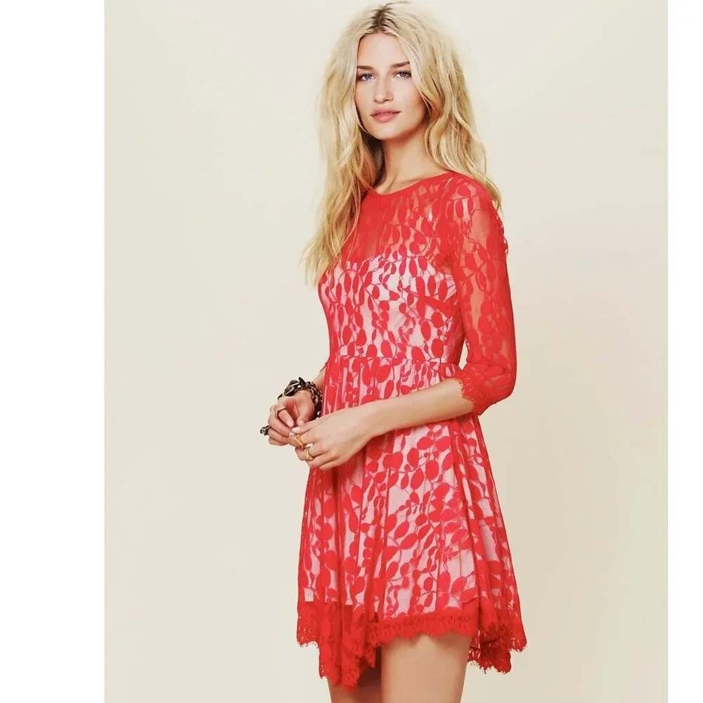 Free People Floral Mesh Lace Overlay Dress Fairy Core Asymmetrical Red Size 4